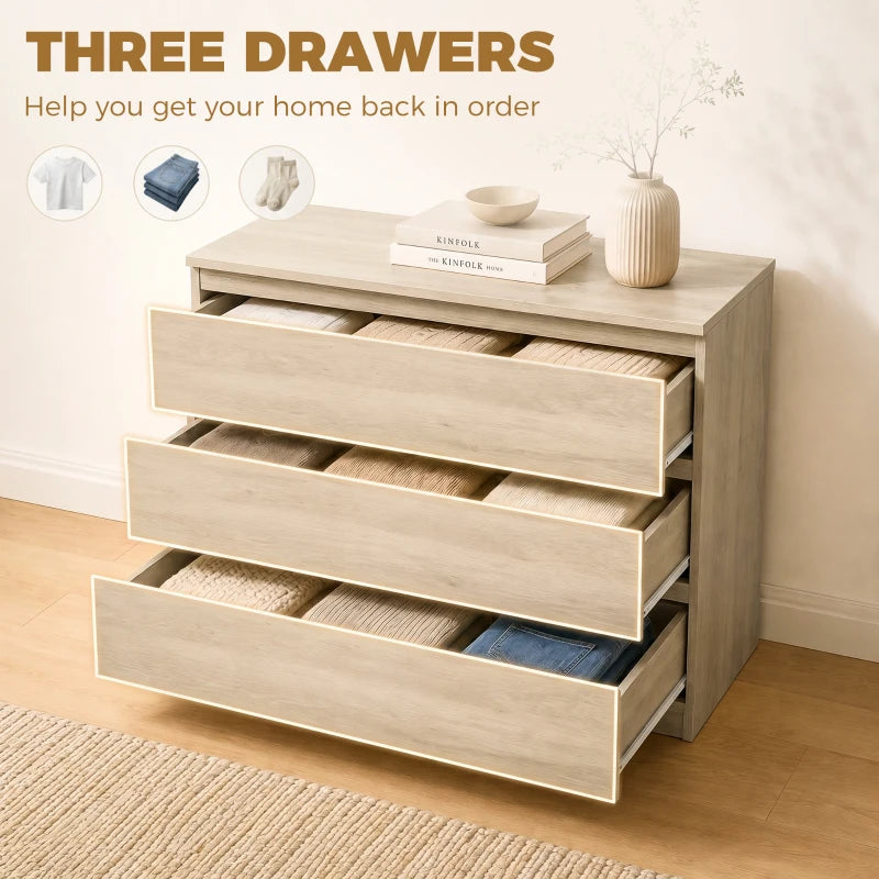 Oak 3-drawer chest with drawers fully extended, showing inner compartments.