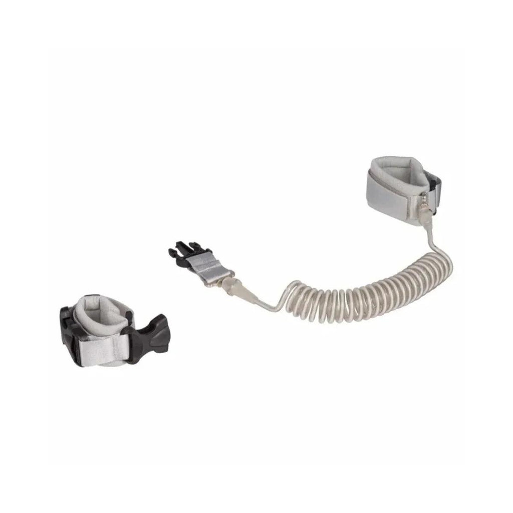 Safety wristband with gray cuff and coiled spring leash