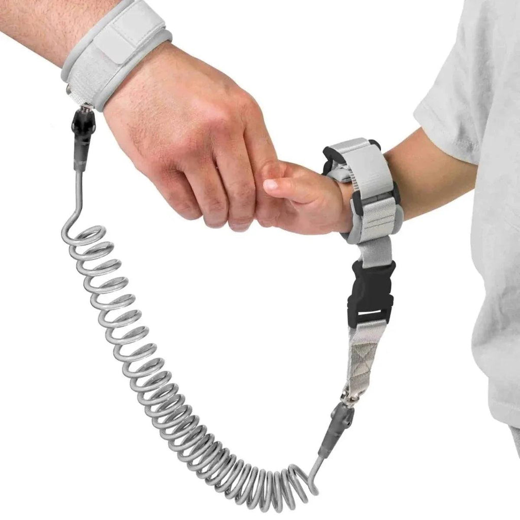 Adjustable gray safety wristband with spring tether