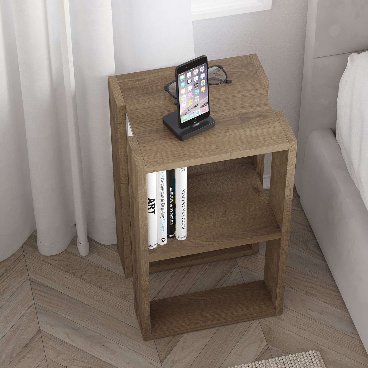 Dark wood modern bedside table with open lower shelf and tabletop