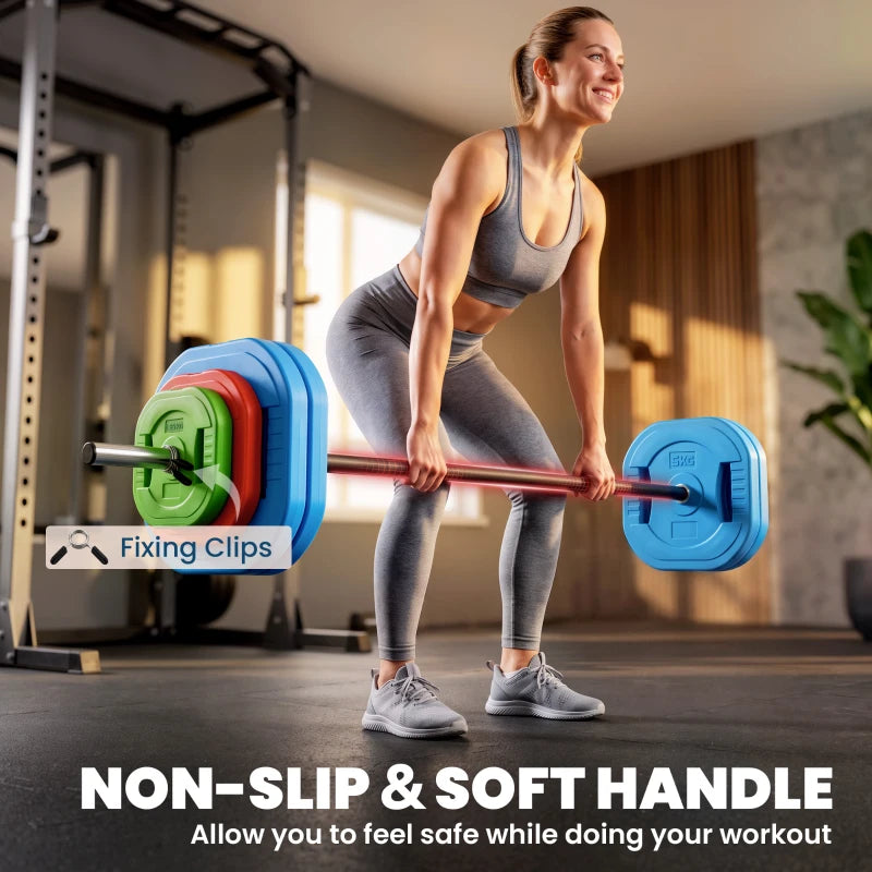 Barbell with multicolour weight plates and straight black bar with cushioned grip