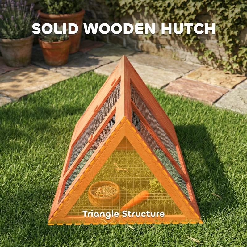 Orange wooden triangle hutch with wire mesh base and open doorway