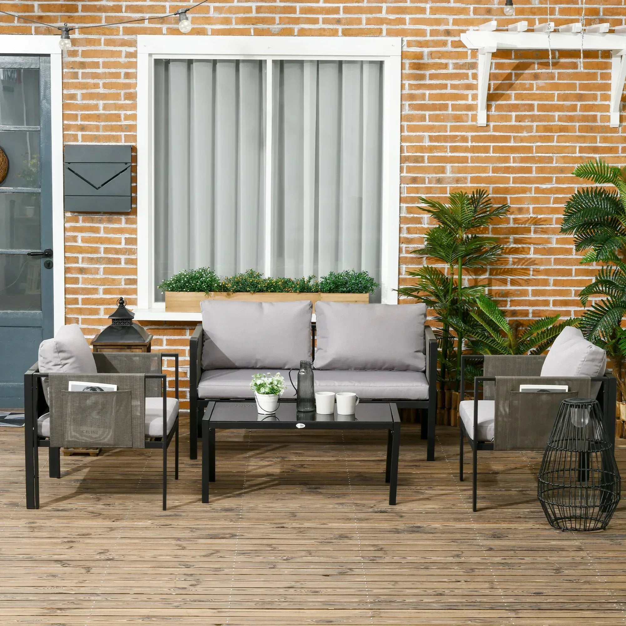 4 Piece Metal Garden Furniture Set with Tempered Glass Coffee Table, Texteline Pocket, Outdoor Set Loveseat Single Armchairs with Padded Cushions, Light Grey - Bobobiy