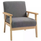 Grey upholstered accent chair with padded seat and light wood frame