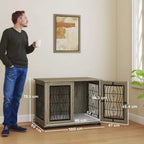 Grey pet crate furniture end table with front black wire doors and side profile