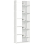 White freestanding bookcase with open shelves and vertical partition panels