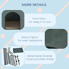 Grey dog house with arched front door, oxford fabric texture panel, and detachable cover callouts.