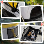 Yellow and gray pet stroller with mesh panels and zippered front door opening