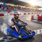 Blue electric drift go-kart with helmeted child, LED lights and tire smoke