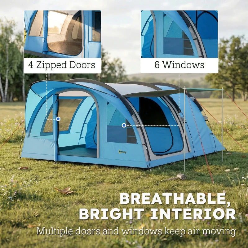 Sky blue tunnel tent with zipped doors and multiple windows for ventilation