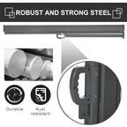 Retractable privacy screen housing and steel frame in dark gray with mounting hardware