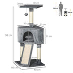 Cat tree layout diagram showing top perch, condo house, and scratching ramp on posts