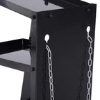 Black metal welding cart side panel with hanging safety chains and hook loops