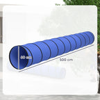 Blue foldable dog agility tunnel with round open ends and ribbed fabric rings