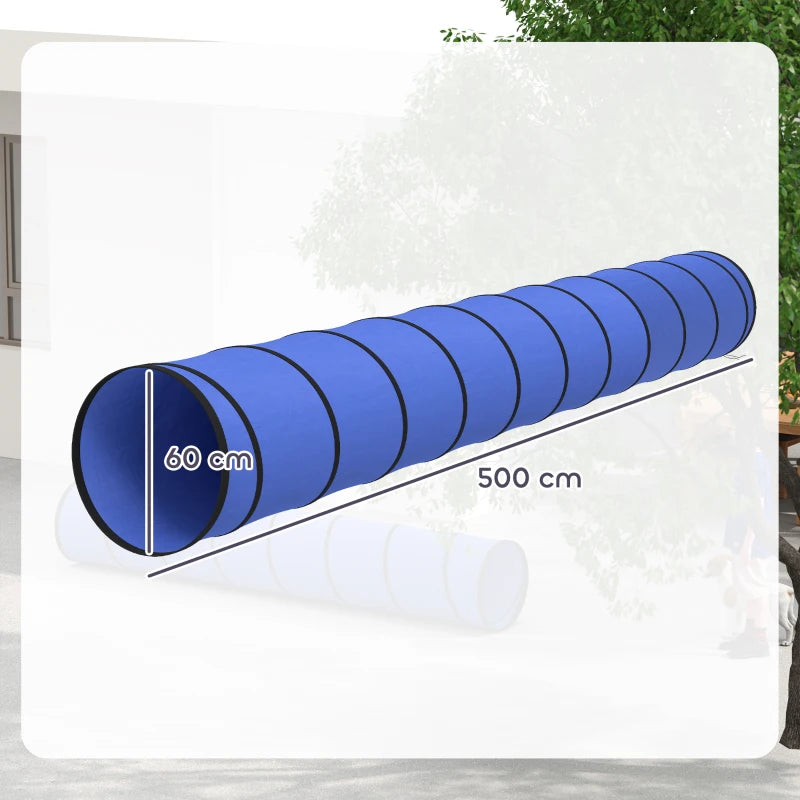 Blue foldable dog agility tunnel with round open ends and ribbed fabric rings