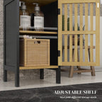 Black bathroom storage cabinet interior with bamboo slatted door and shelf space