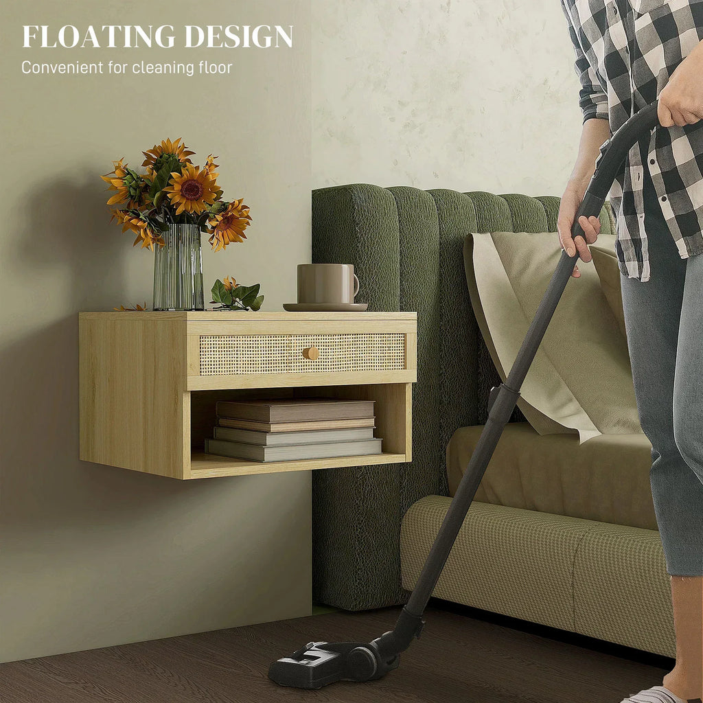 Set of Two Rattan Panel Floating Bedside Tables - Wood-Effect - Bobobiy