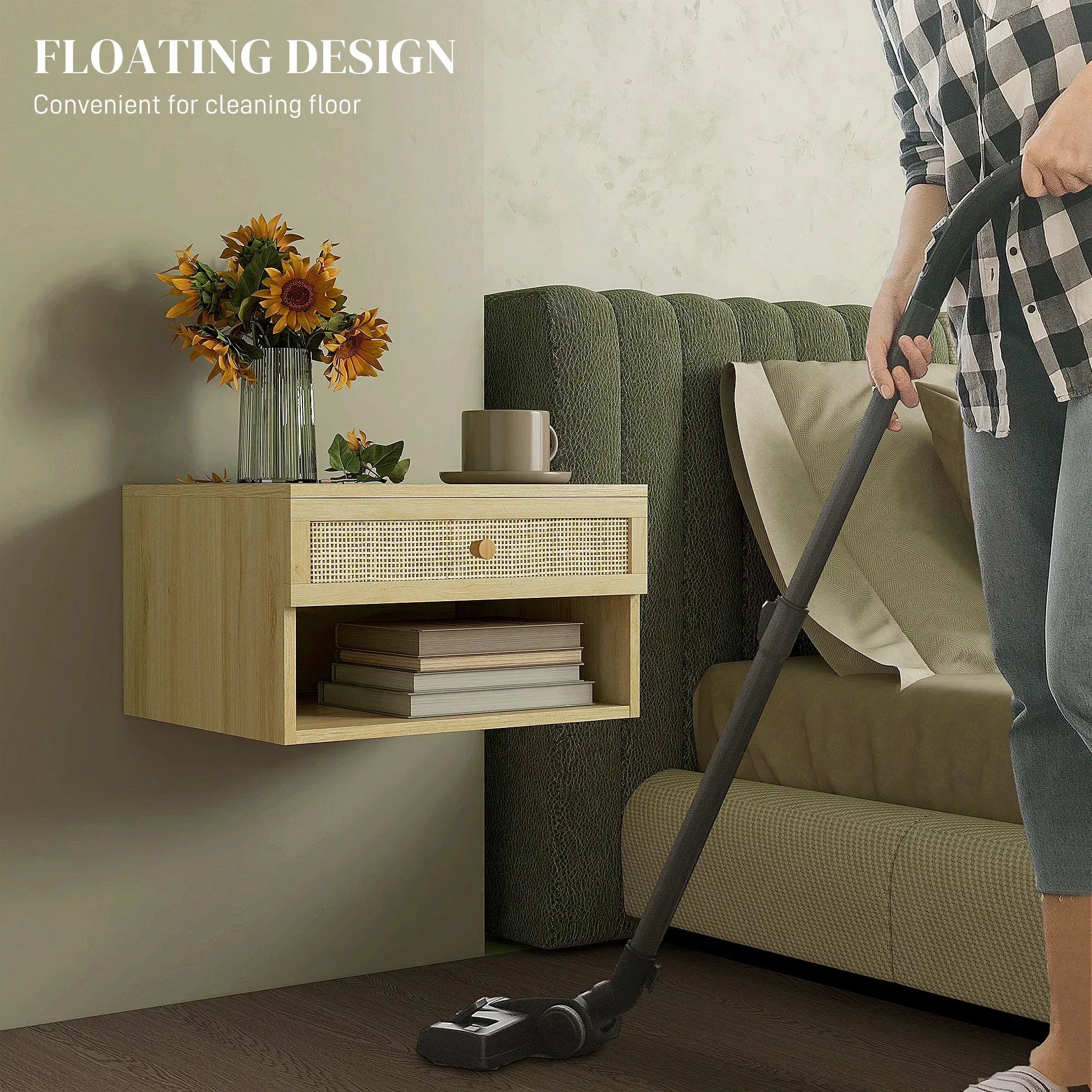 Set of Two Rattan Panel Floating Bedside Tables - Wood-Effect - Bobobiy