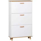 White narrow shoe cabinet with three flip drawers and wooden legs