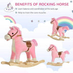 Pink plush rocking horse on wooden rockers with brown saddle and fluffy mane