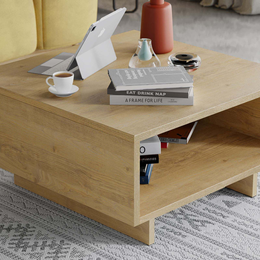 Oak wood modern coffee table with wide top and open lower storage shelf