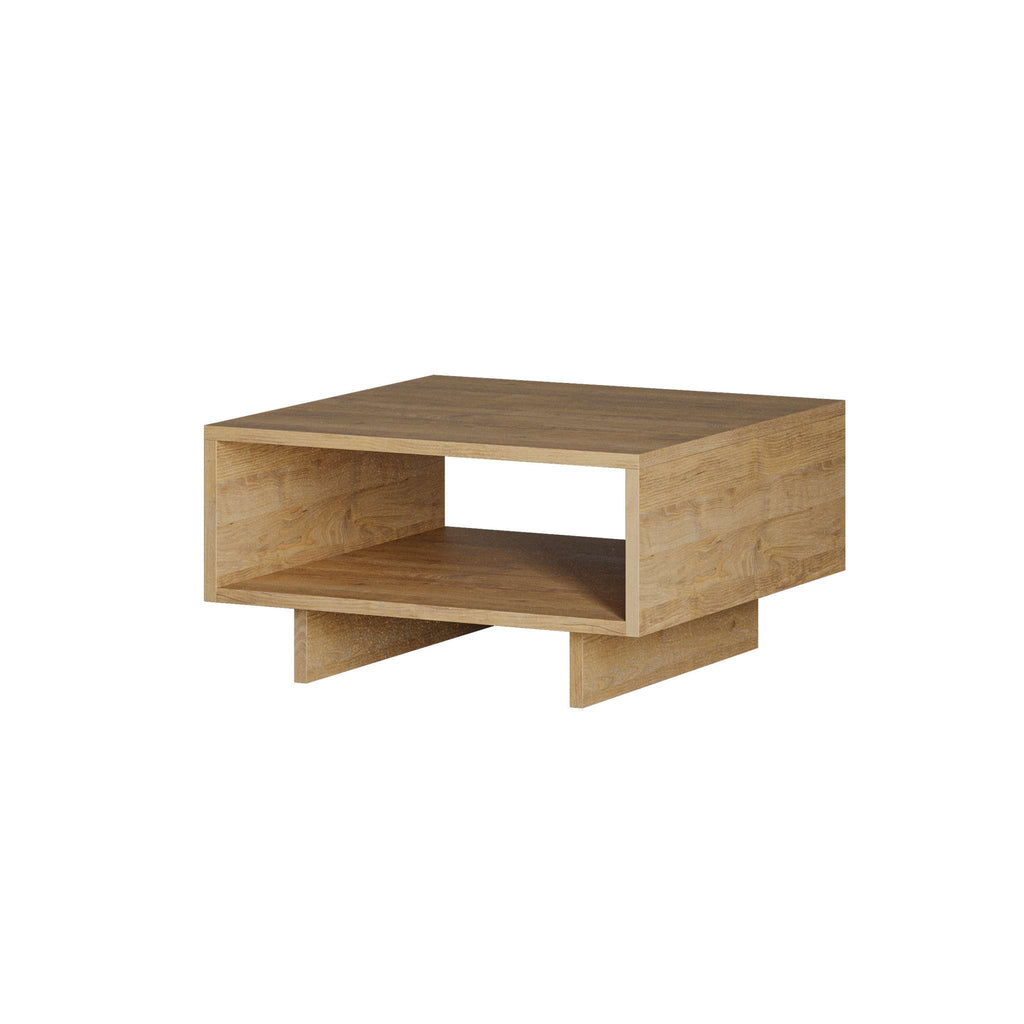 Modern coffee table in oak wood tone with open center shelf and angled feet