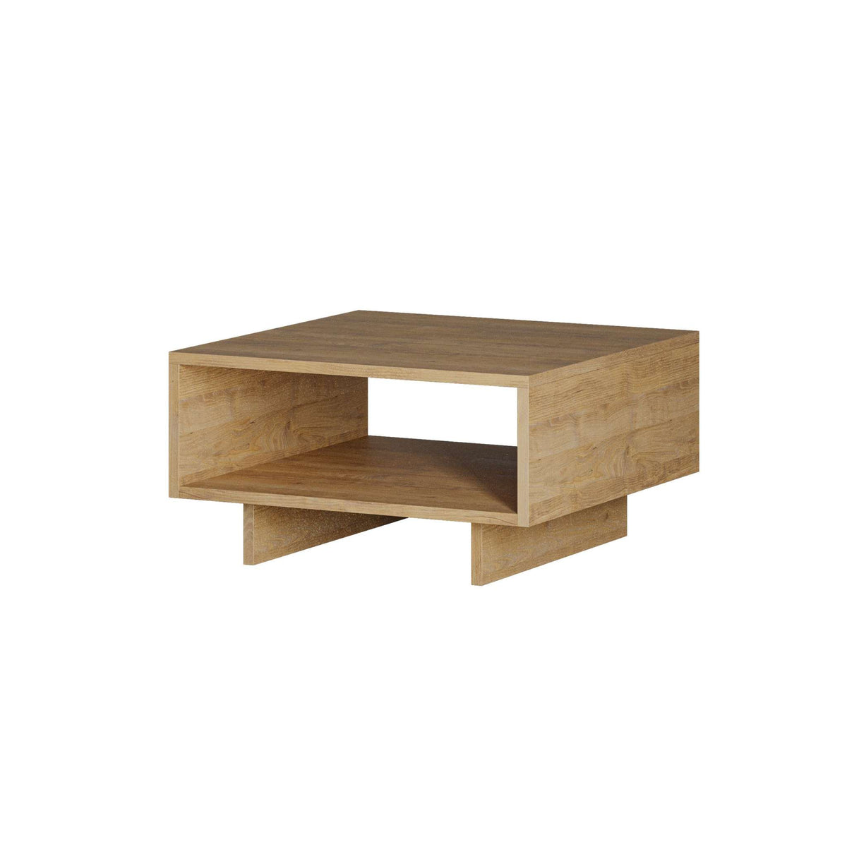 Modern coffee table in oak wood tone with open center shelf and angled feet