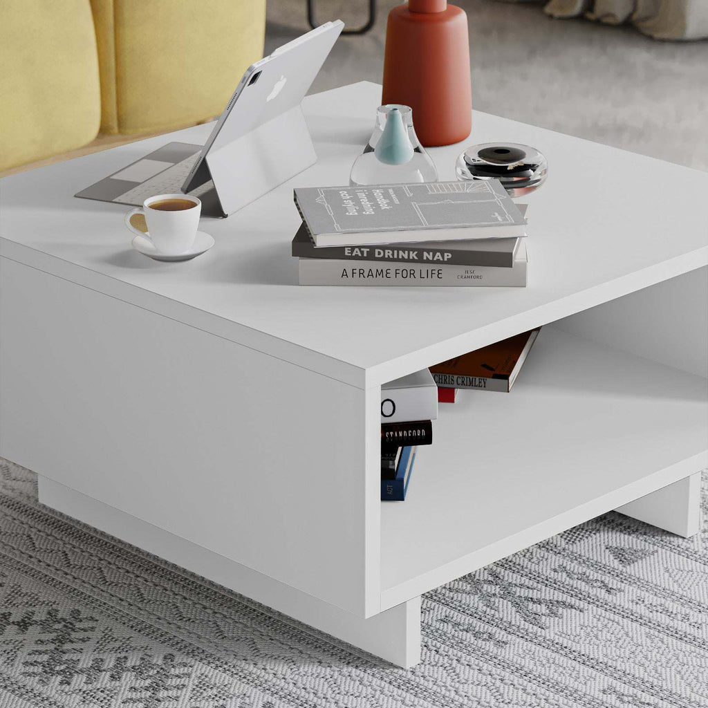White modern coffee table with open lower shelf and square legs