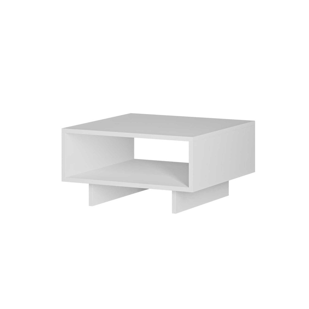 White modern coffee table with open cubby shelf and minimal legs