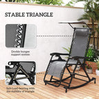 Grey outdoor rocking recliner chair with double bungee support and stable frame