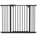 Black metal safety gate with vertical bars and wall-mount brackets