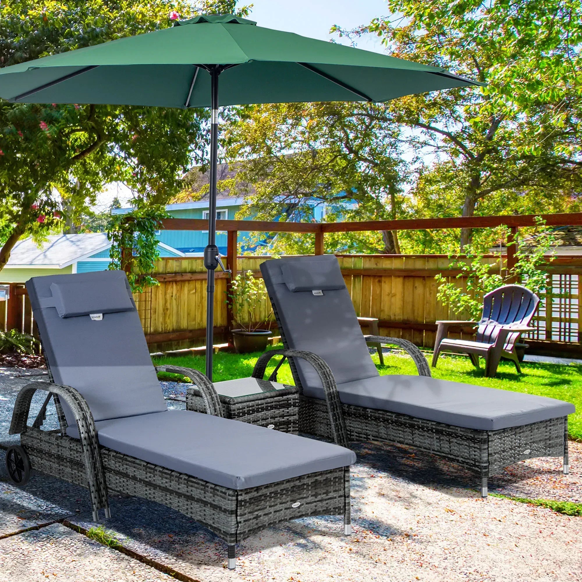 3 Pieces Rattan Sun Loungers, Garden Wicker Wheeling Recliner , PE Rattan Lounge Chairs w/ Cushions & Side Coffee Table Grey - Bobobiy