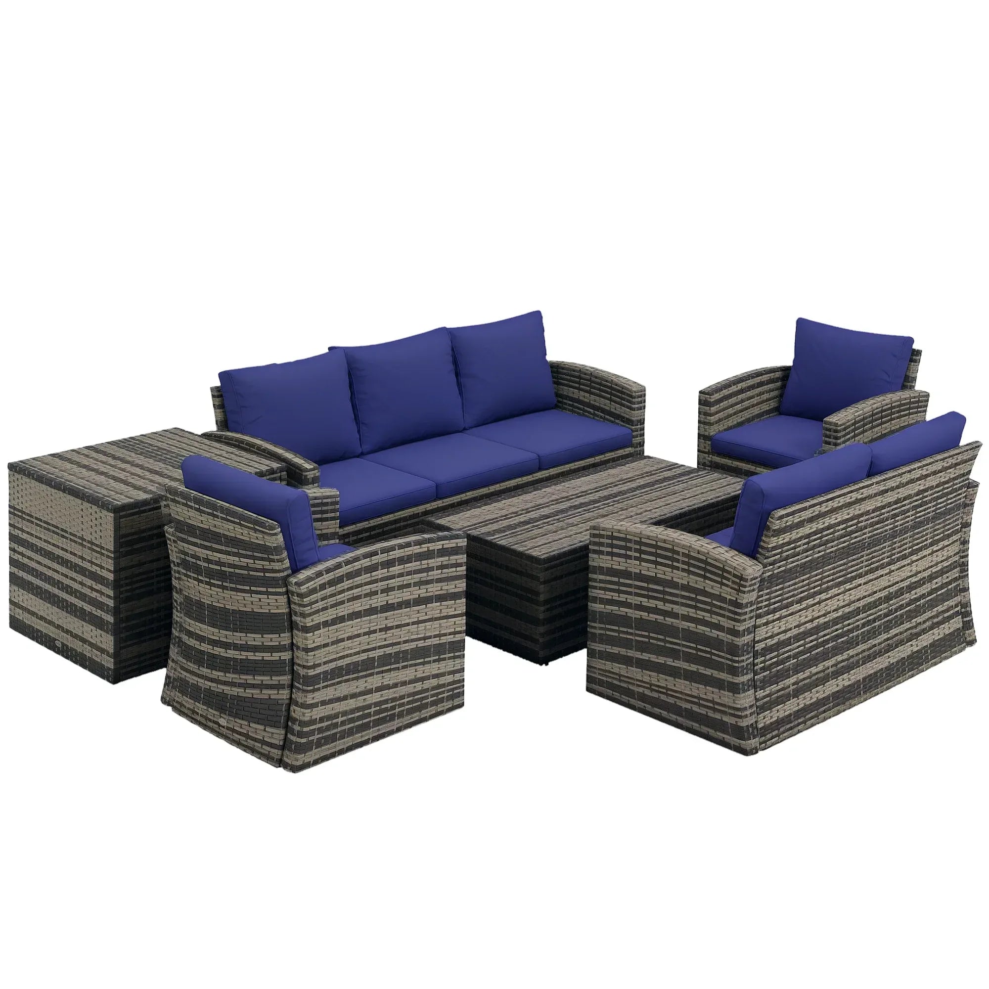6 Pieces Rattan Garden Furniture Set, 7 Seater Wicker Outdoor Furniture Set with Storage Tea Table & Side Table, Sectional Garden Sofa Set with Cushions, Navy Blue - Bobobiy