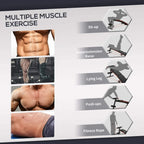 Black sit-up bench for multiple exercises, with resistance rope system