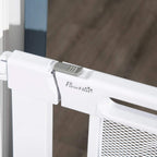 White pet safety gate close-up of latch bar with PawHut logo on arm