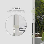 White gazebo side panel with removable strap fastener at post corner