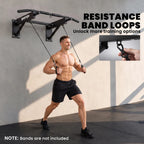 Wall-mounted pull-up bar with resistance-band loop hooks attached under the frame