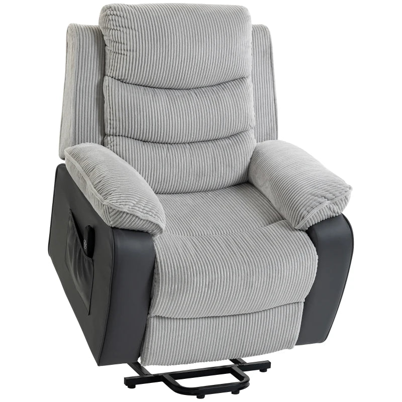 Light grey corduroy electric lift recliner chair with padded armrests, front view