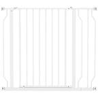 White pet safety gate with vertical bars and pressure-mount brackets