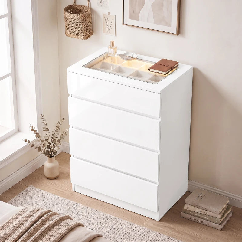 White high-gloss 4-drawer dresser chest with glass-top organizer for jewelry storage
