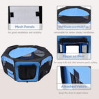 Blue and black pet playpen with removable top cover, zippered door, mesh panels