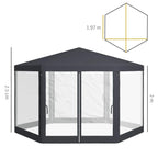 Hexagon gazebo with dark grey roof and white mesh walls with zippered doors