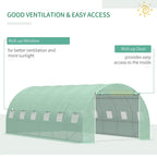 Green polytunnel greenhouse entrance with roll-up door and side roll-up window panels