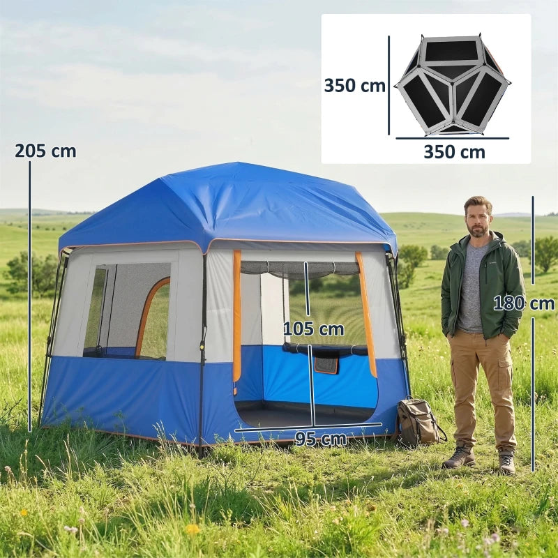 Blue 4-person cabin tent with mesh doors, orange poles and gray side panels
