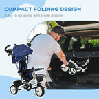 Dark blue baby tricycle stroller compactly folded near a vehicle