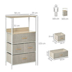 Light grey storage chest unit with open shelf and four fabric drawers; size diagram