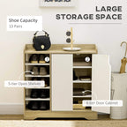 Shoe storage organizer with 5-tier open shelves and 4-tier door cabinet, natural wood