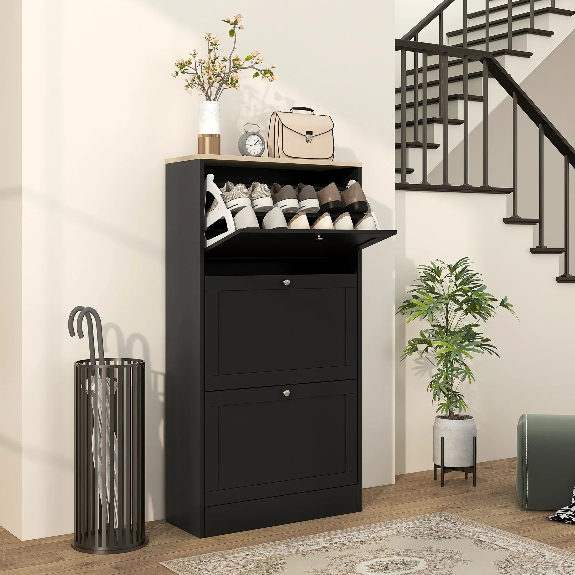 Modern Compact Three-Drawer Shoe Storage Cabinet - Black - Bobobiy