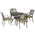 4 Seater Outdoor Dining Set Antique Cast Aluminium Garden Furniture Set with Cushions Round Dining Table with Parasol Hole, Bronze - Bobobiy