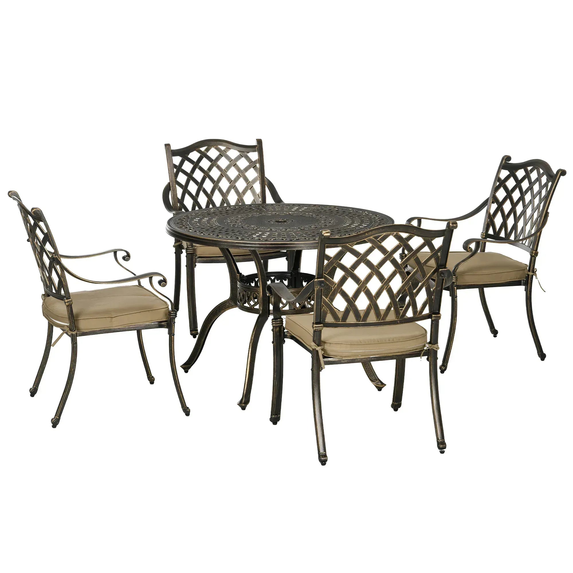 4 Seater Outdoor Dining Set Antique Cast Aluminium Garden Furniture Set with Cushions Round Dining Table with Parasol Hole, Bronze - Bobobiy